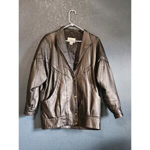 Vintage 1980s Oversized Black Leather Batwing Jacket Petite  Medium